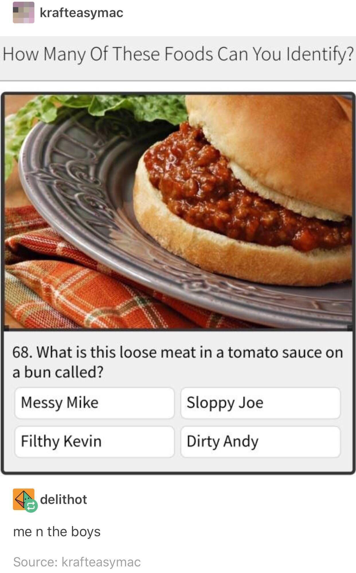 fresh memes - sloppy joe meme - krafteasymac How Many Of These Foods Can You Identify? 68. What is this loose meat in a tomato sauce on a bun called? Messy Mike Filthy Kevin delithot me n the boys Source krafteasymac Sloppy Joe Dirty Andy