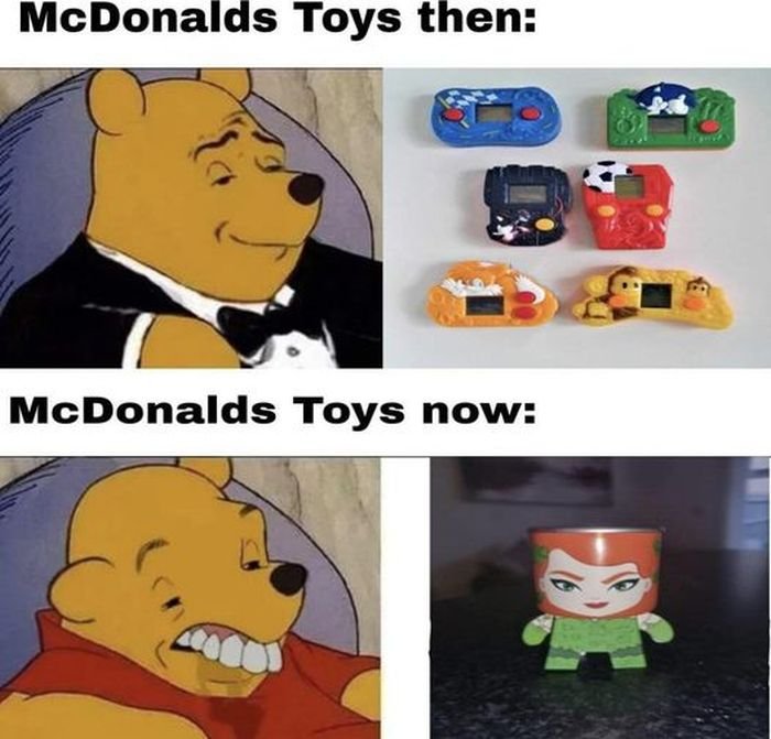 funny memes - cartoon - McDonalds Toys then McDonalds Toys now