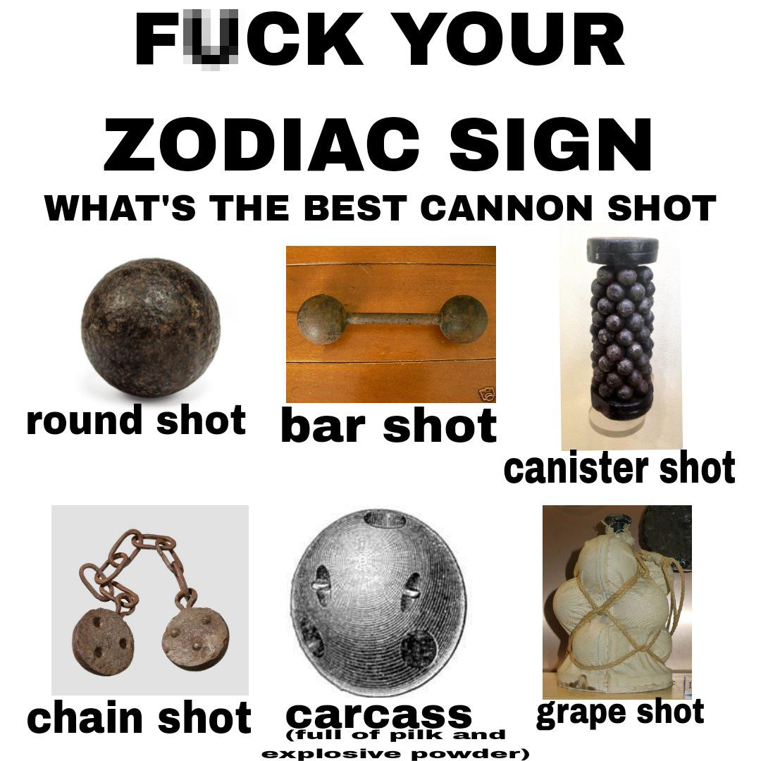 funny memes - material - Fuck Your Zodiac Sign What'S The Best Cannon Shot round shot bar shot chain shot carcass canister shot full of pilk and explosive powder grape shot