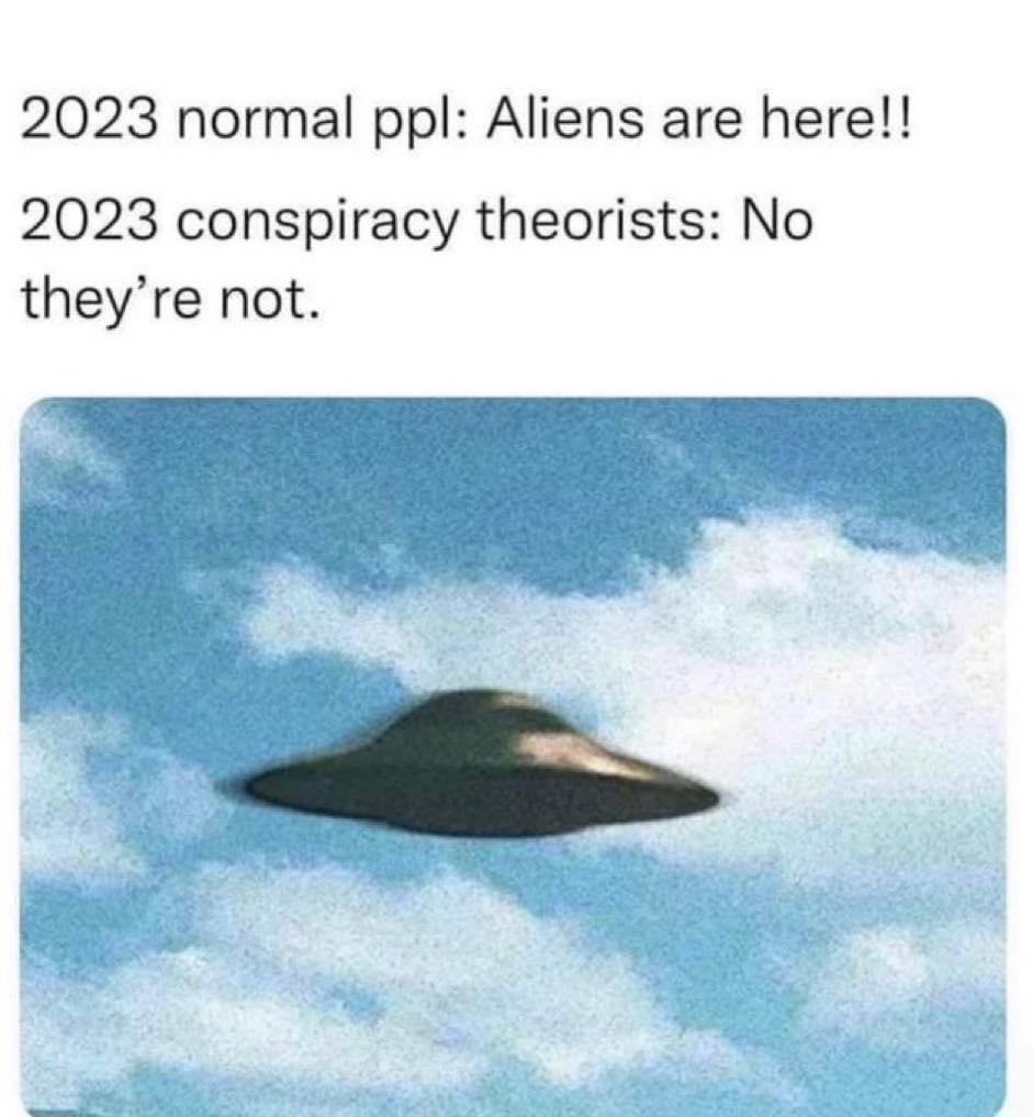 funny memes - Internet meme - 2023 normal ppl Aliens are here!! 2023 conspiracy theorists No they're not.