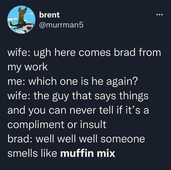 funny memes - Media - brent wife ugh here comes brad from my work me which one is he again? wife the guy that says things and you can never tell if it's a compliment or insult brad well well well someone smells muffin mix