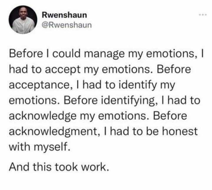 funny tweets - Thought - Rwenshaun Before I could manage my emotions, I had to accept my emotions. Before acceptance, I had to identify my emotions. Before identifying, I had to acknowledge my emotions. Before acknowledgment, I had to be honest with mysel