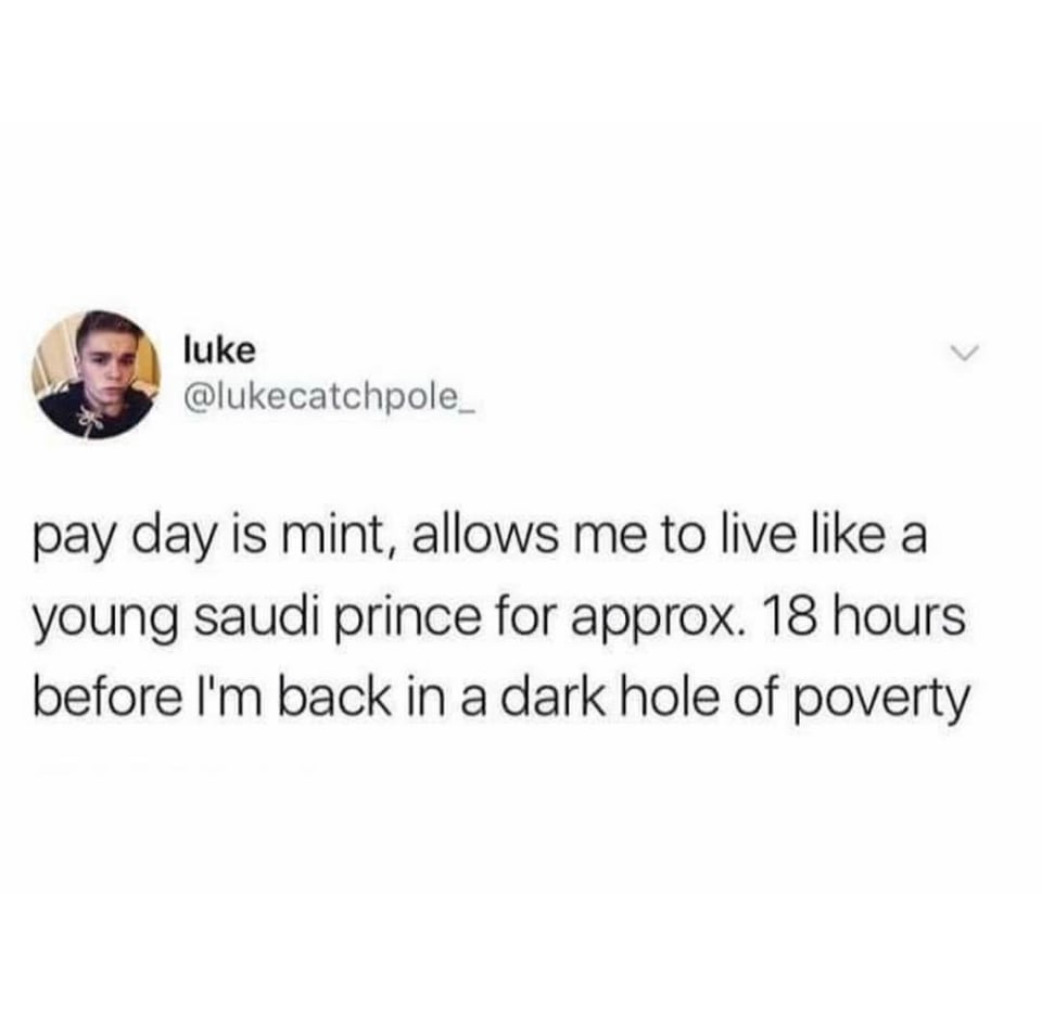 funny tweets - 3rd grade reading level meme - luke pay day is mint, allows me to live a young saudi prince for approx. 18 hours before I'm back in a dark hole of poverty