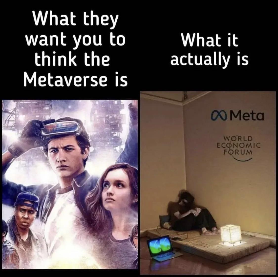 funny memes and pics - metaverse what they want you to think - What they want you to think the Metaverse is What it actually is Meta World Economic Forum