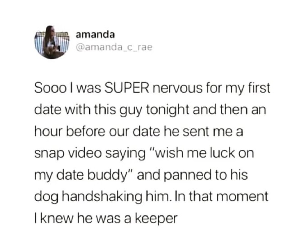 funny tweets - oh my sweet summer child - amanda Sooo I was Super nervous for my first date with this guy tonight and then an hour before our date he sent me a snap video saying "wish me luck on my date buddy" and panned to his dog handshaking him. In tha
