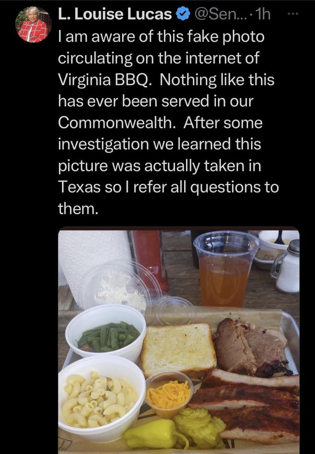 funny tweets - ritzy b's barbecue - L. Louise Lucas .... 1h I am aware of this fake photo circulating on the internet of Virginia Bbq. Nothing this has ever been served in our Commonwealth. After some investigation we learned this picture was actually tak