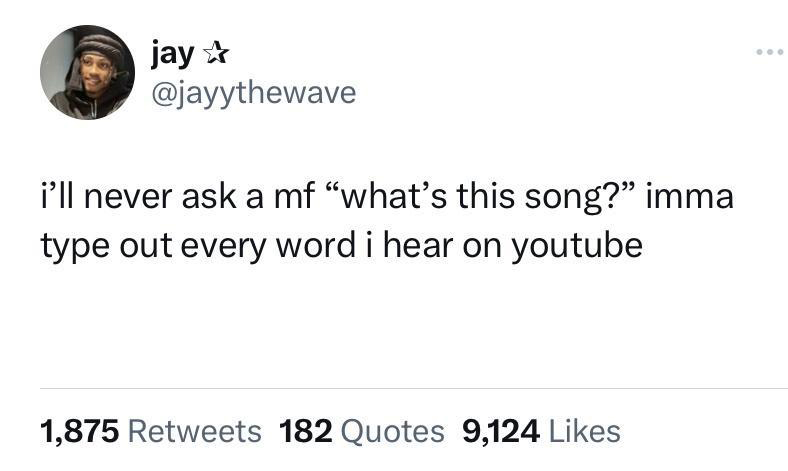 funny tweets - angle - jay i'll never ask a mf "what's this song?" imma type out every word i hear on youtube 1,875 182 Quotes 9,124