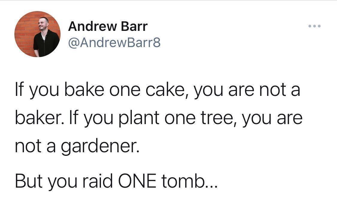 funny memes - not perfect quotes - Andrew Barr If you bake one cake, you are not a baker. If you plant one tree, you are not a gardener. But you raid One tomb...