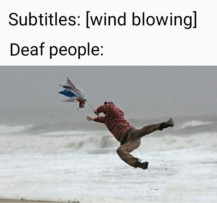 funny memes - photo caption - Subtitles wind blowing Deaf people