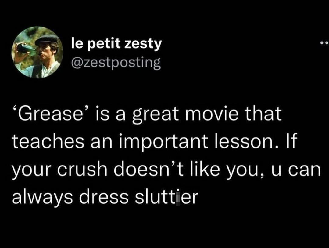funny memes - le petit zesty 'Grease' is a great movie that teaches an important lesson. If your crush doesn't you, u can always dress sluttier