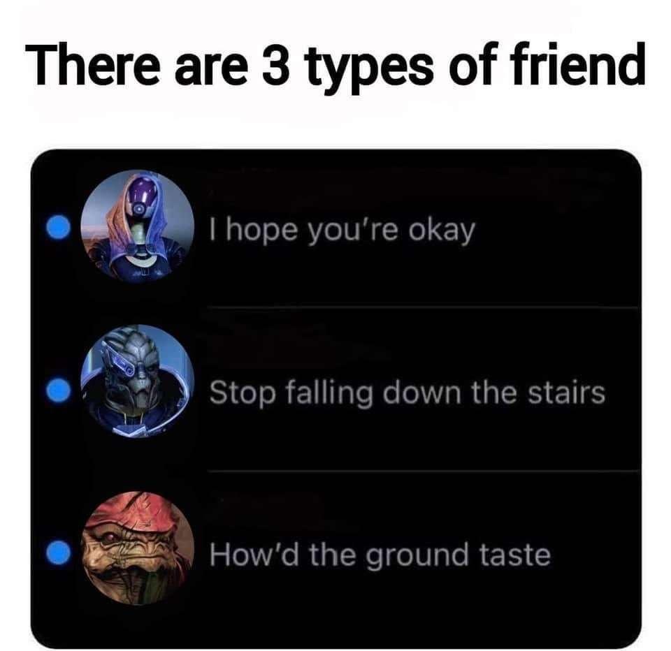 dank memes - There are 3 types of friend I hope you're okay Stop falling down the stairs How'd the ground taste
