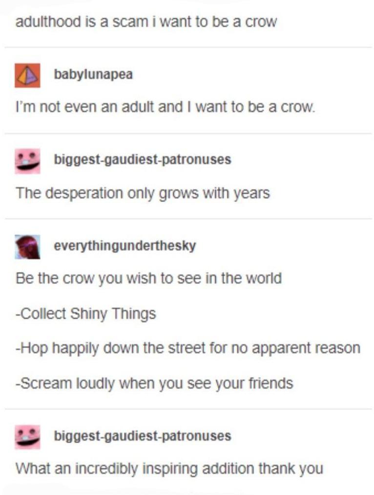 dank memes - document - adulthood is a scam i want to be a crow babylunapea I'm not even an adult and I want to be a crow. biggestgaudiestpatronuses The desperation only grows with years everythingunderthesky Be the crow you wish to see in the world Colle