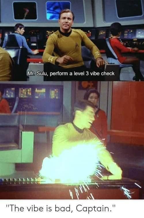 dank memes - capitão kirk star trek - Mr. Sulu, perform a level 3 vibe check "The vibe is bad, Captain."