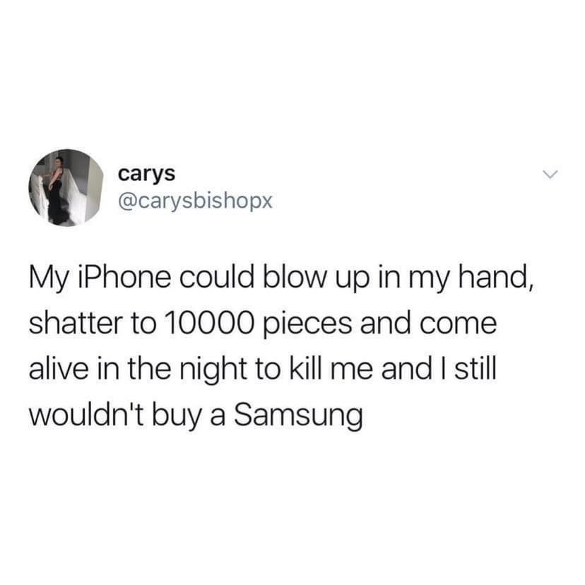 funny tweets and memes - thoughts of dog - carys My iPhone could blow up in my hand, shatter to 10000 pieces and come alive in the night to kill me and I still wouldn't buy a Samsung