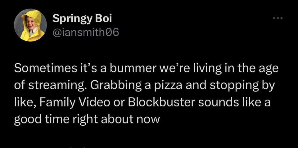 funny tweets and memes - Springy Boi Sometimes it's a bummer we're living in the age of streaming. Grabbing a pizza and stopping by , Family Video or Blockbuster sounds a good time right about now