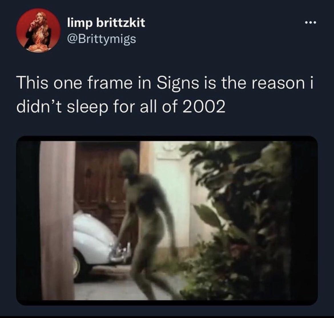 funny tweets and memes - fauna - limp brittzkit ... This one frame in Signs is the reason i didn't sleep for all of 2002