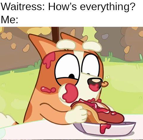 dank memes --  Waitress How's everything? Me