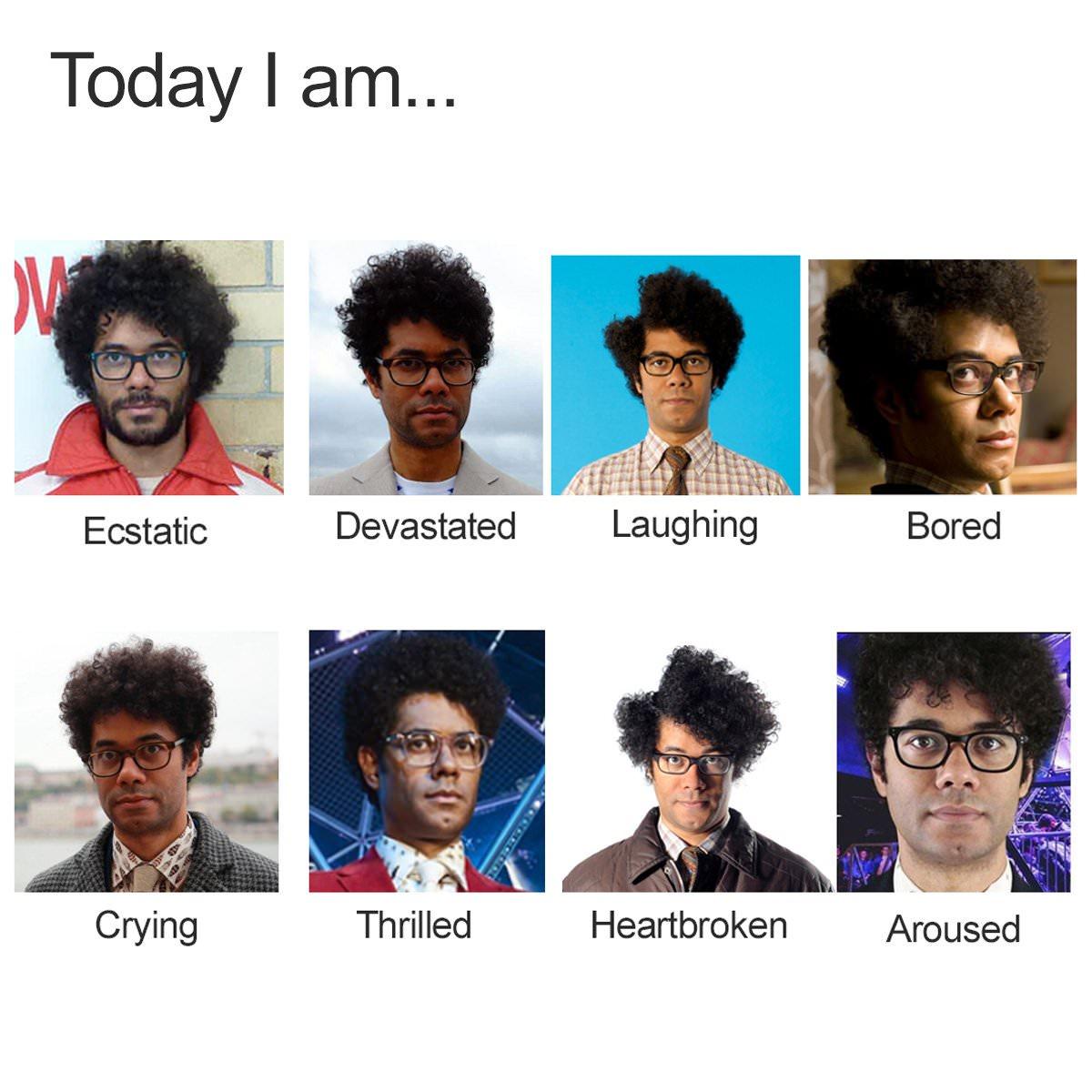 dank memes - richard ayoade are you - Today I am... Ecstatic Crying Devastated Thrilled Laughing Heartbroken Bored Aroused