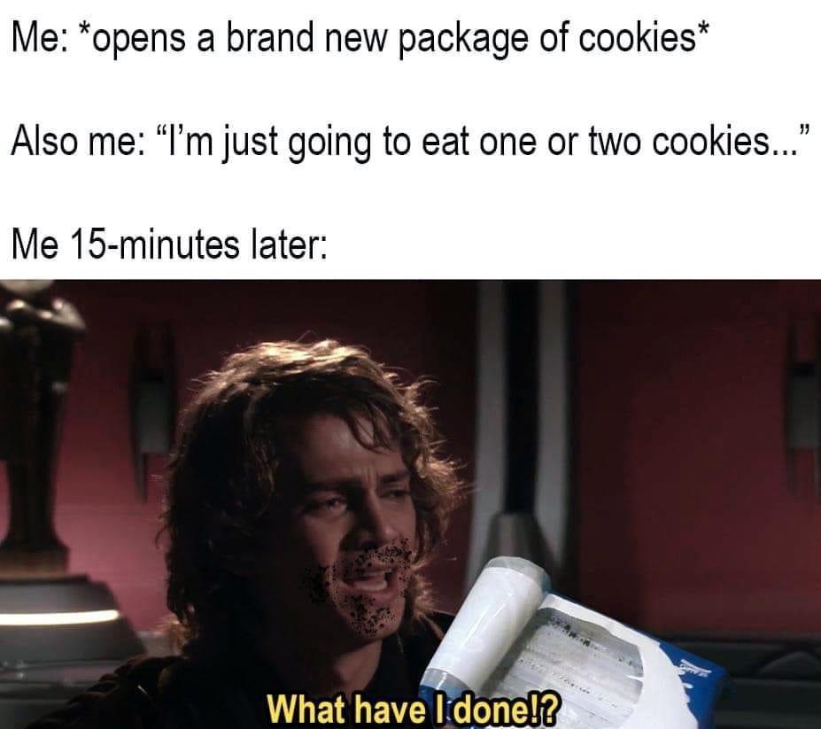 funny memes pics and tweets - photo caption - Me opens a brand new package of cookies Also me "I'm just going to eat one or two cookies..." Me 15minutes later What have I done!?