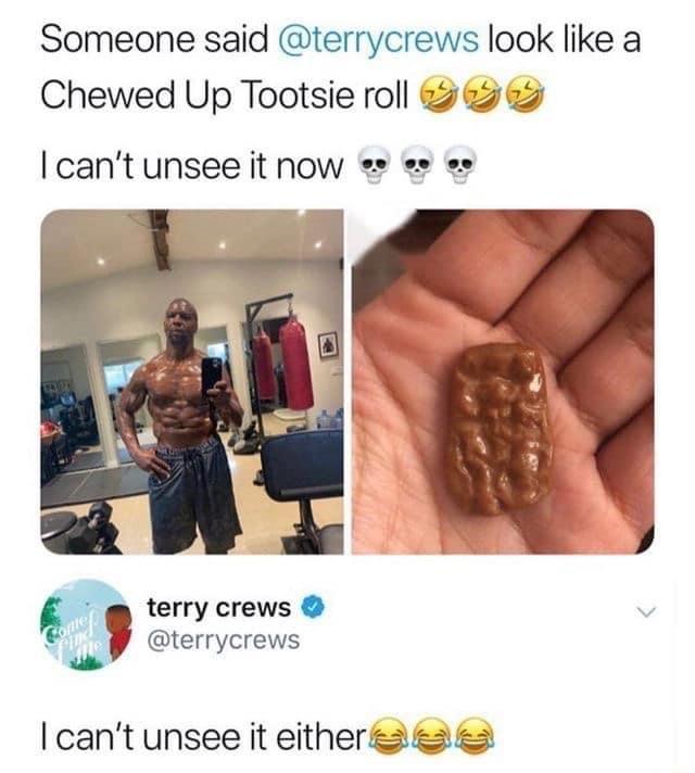 funny memes and cool pics - terry crews chewed up tootsie roll - Someone said look a Chewed Up Tootsie roll I can't unsee it now terry crews Come Find Me I can't unsee it eitherees