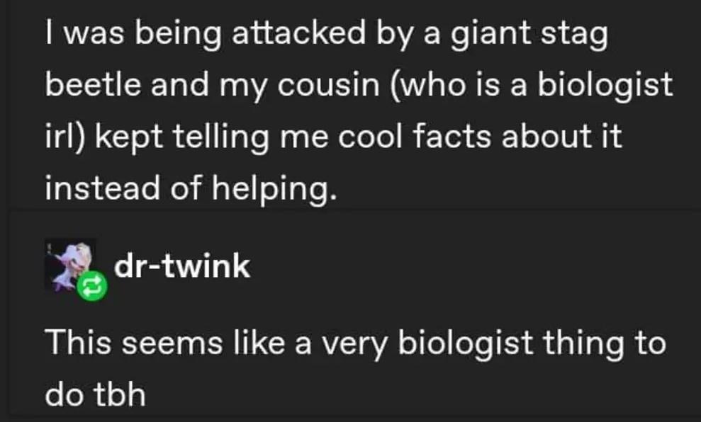 funny memes and cool pics - funny - I was being attacked by a giant stag beetle and my cousin who is a biologist irl kept telling me cool facts about it instead of helping. drtwink This seems a very biologist thing to do tbh