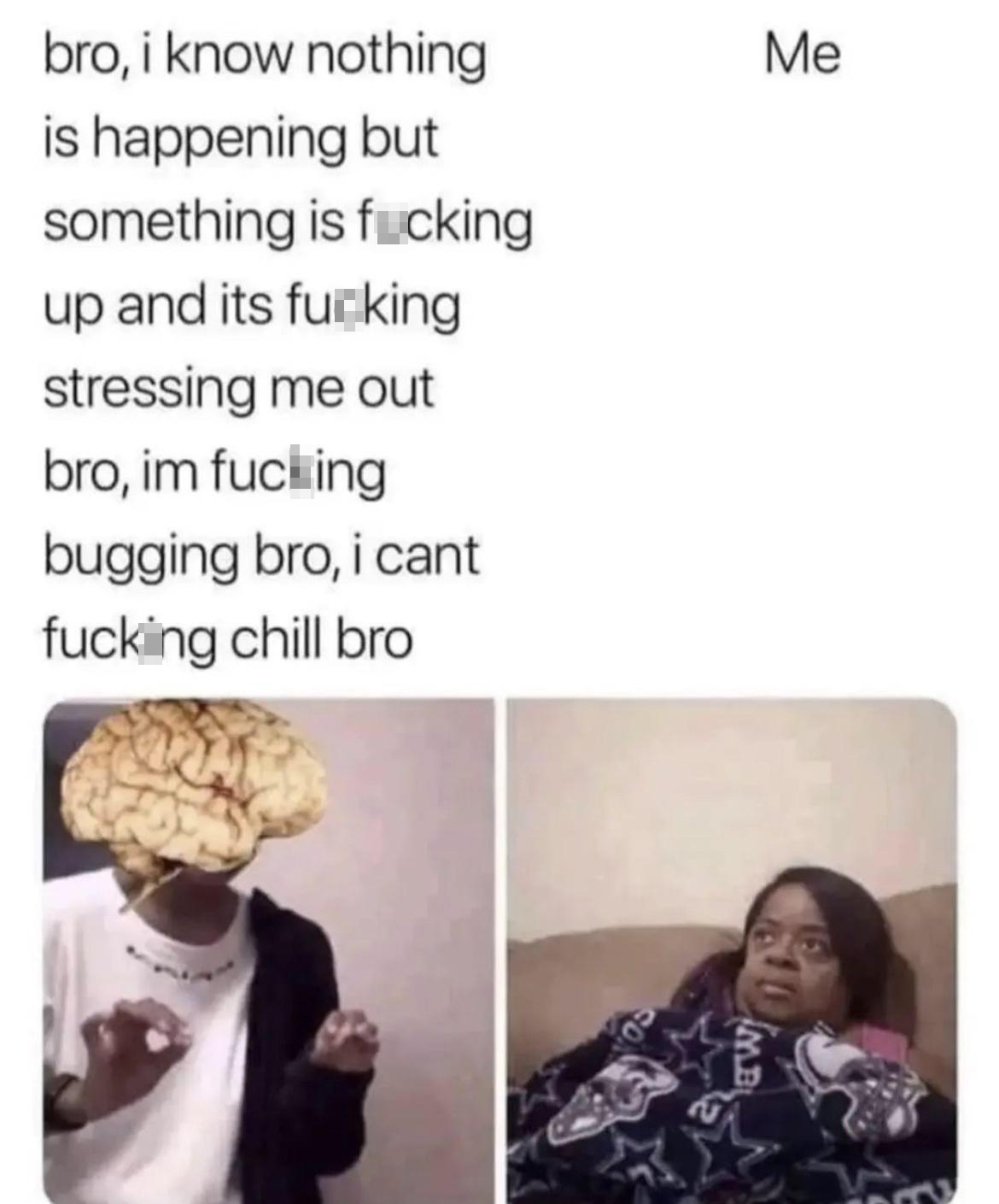 funny eid memes - bro, i know nothing is happening but something is fucking up and its fucking stressing me out bro, im fucking bugging bro, i cant fucking chill bro Me
