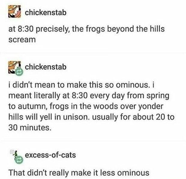 dank memes - funny text posts - chickenstab at precisely, the frogs beyond the hills scream chickenstab i didn't mean to make this so ominous. i meant literally at every day from spring to autumn, frogs in the woods over yonder hills will yell in unison. 