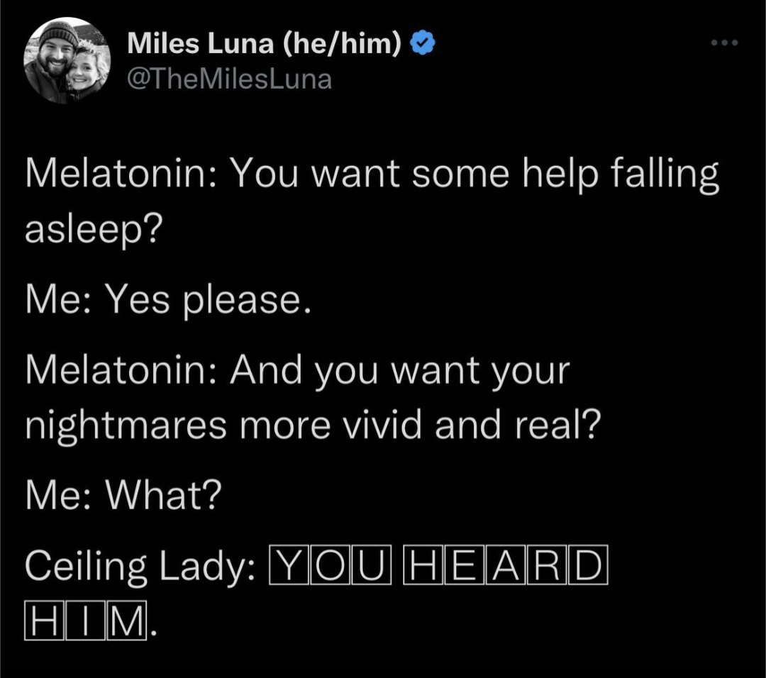 dank memes - atmosphere - Miles Luna hehim Melatonin You want some help falling asleep? Me Yes please. Melatonin And you want your nightmares more vivid and real? Me What? Ceiling Lady You Heard Him.