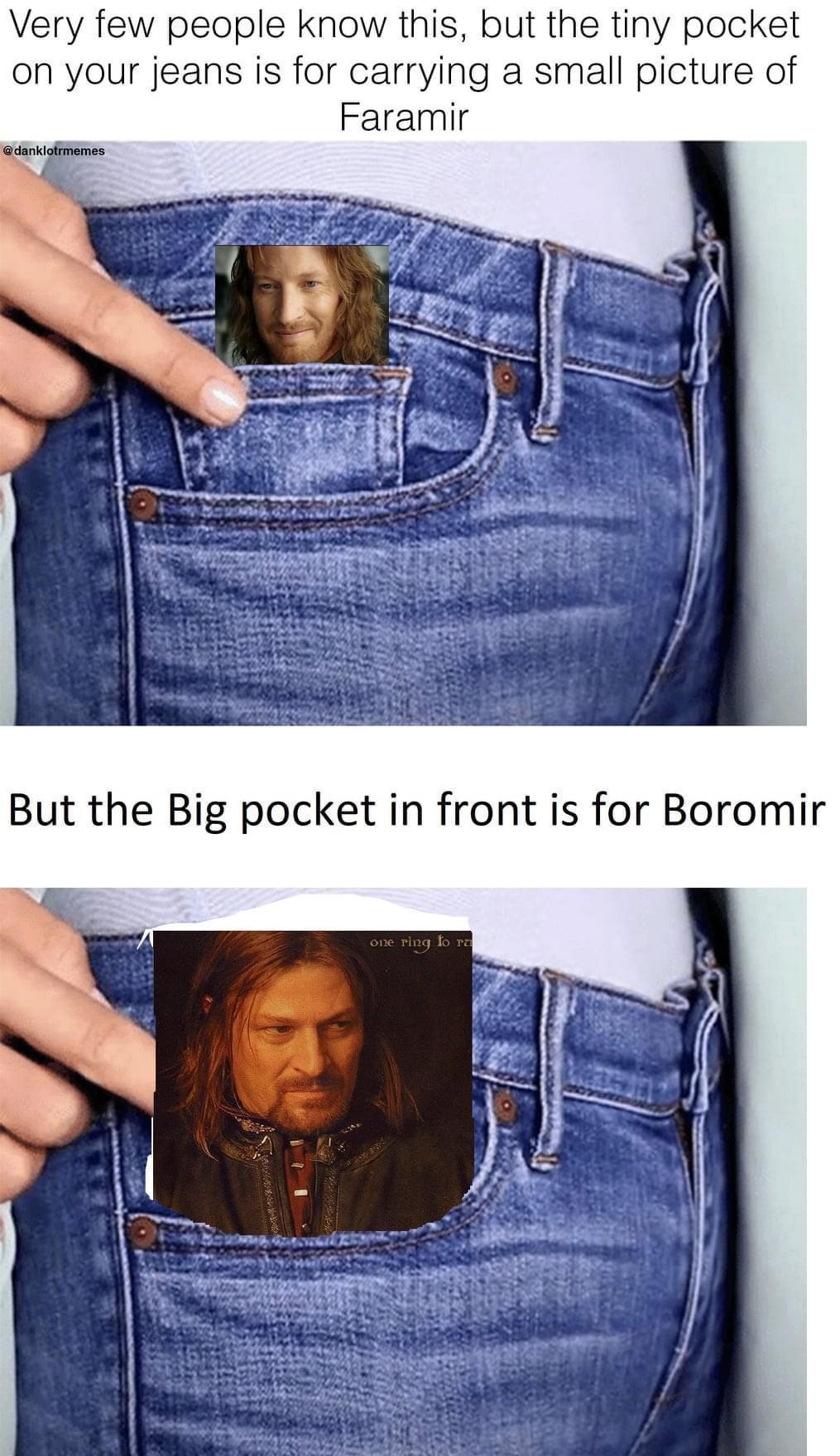 dank memes - tiny pocket meme - Very few people know this, but the tiny pocket on your jeans is for carrying a small picture of Faramir But the Big pocket in front is for Boromir one ring to ra