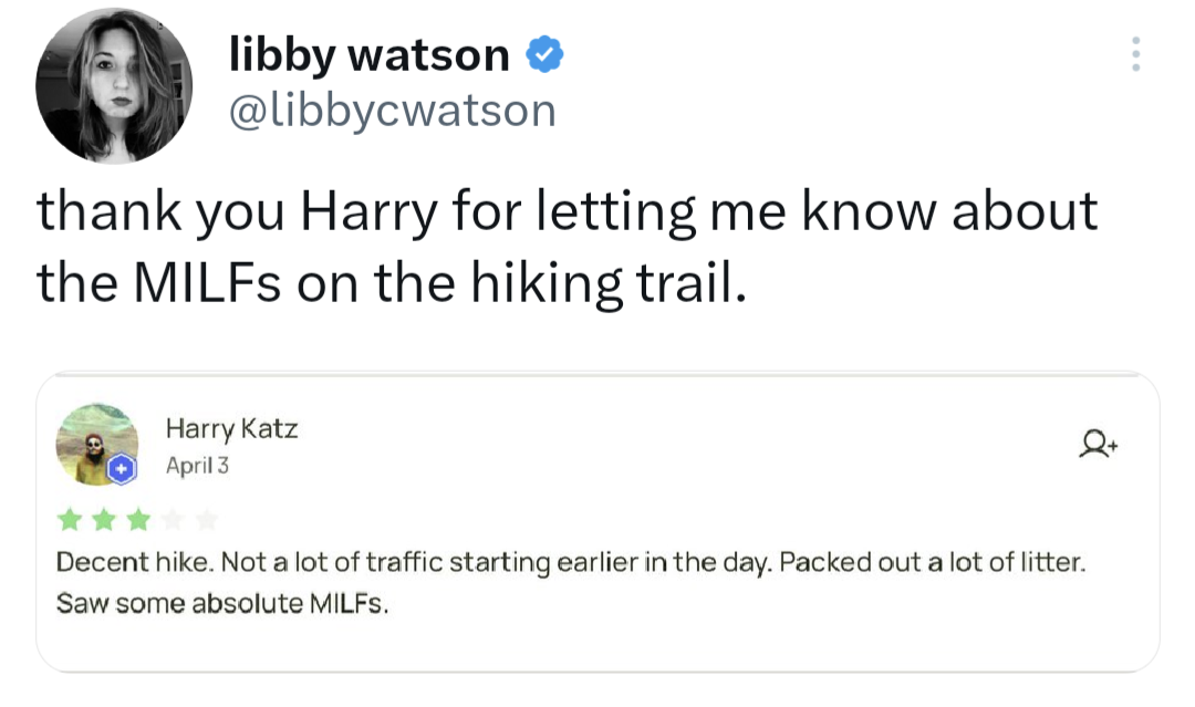 funny tweets - keyshia cole michelle williams - libby watson thank you Harry for letting me know about the MILFs on the hiking trail. Harry Katz April 3 Decent hike. Not a lot of traffic starting earlier in the day. Packed out a lot of litter. Saw some ab