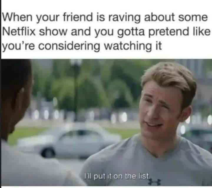 dank memes - funny memes netflix - When your friend is raving about some Netflix show and you gotta pretend you're considering watching it I'll put it on the list.