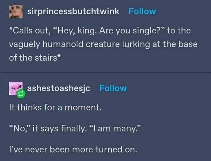 fresh memes - hey king are you single no i am many - sirprincessbutchtwink Calls out, "Hey, king. Are you single?" to the vaguely humanoid creature lurking at the base of the stairs ashestoashesjc It thinks for a moment. "No," it says finally. I am many."