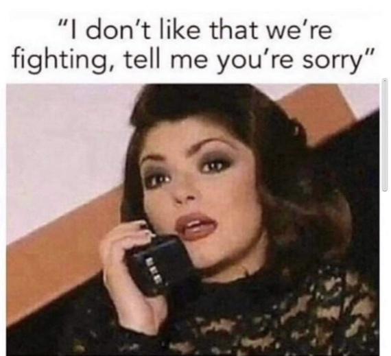 funny memes and pics - photo caption - "I don't that we're fighting, tell me you're sorry"