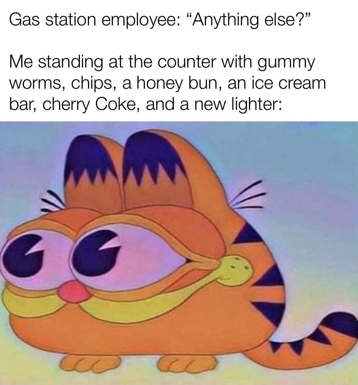funny memes and pics - i m shy at first meme - Gas station employee "Anything else?" Me standing at the counter with gummy worms, chips, a honey bun, an ice cream bar, cherry Coke, and a new lighter