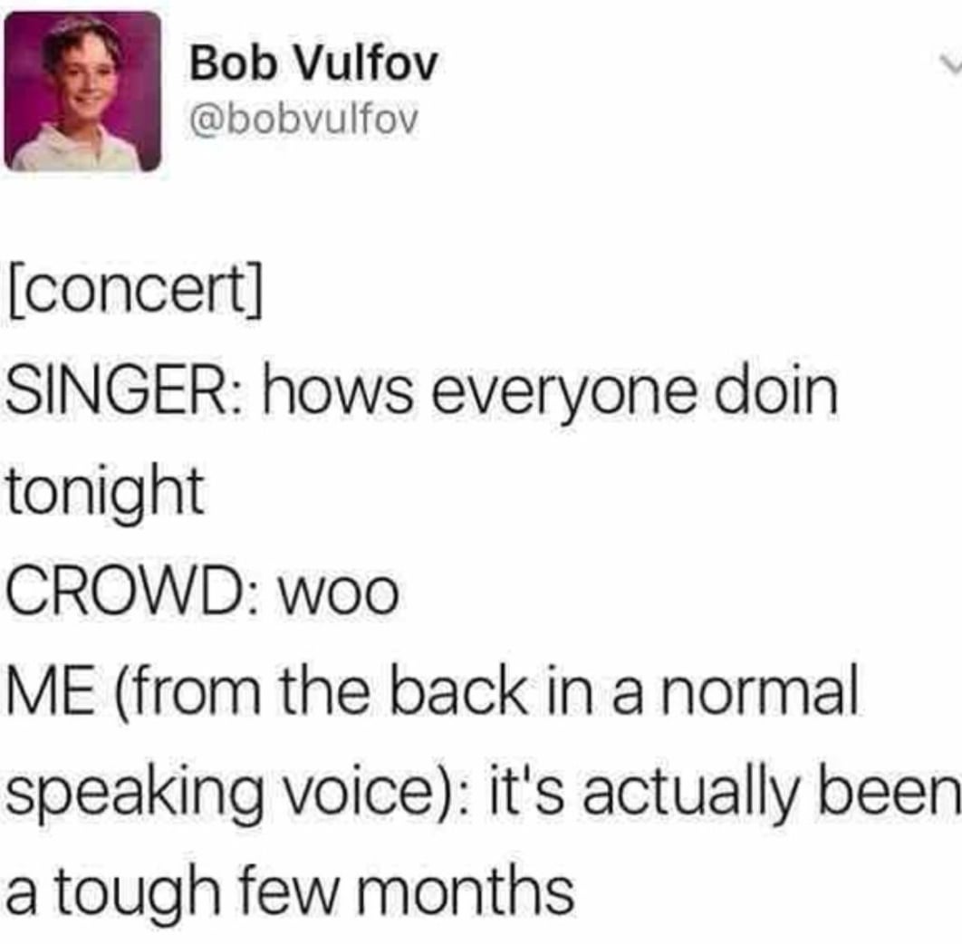 funny tweets and memes - it's actually been a tough few months - Bob Vulfov concert Singer hows everyone doin tonight Crowd woo Me from the back in a normal. speaking voice it's actually been a tough few months