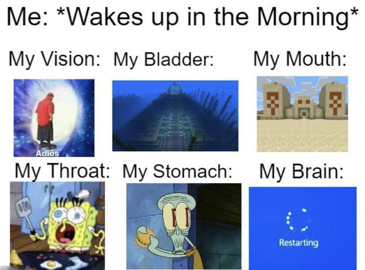 funny memes - relatable memes 2023 - Me Wakes up in the Morning My Vision My Bladder My Mouth 3a& Adis My Throat My Stomach My Brain Co Restarting