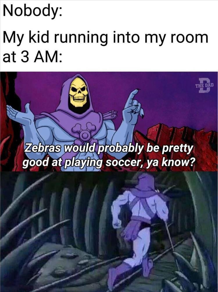 monday morning randomness - cartoon - Nobody My kid running into my room at 3 Am Colo C Zebras would probably be pretty good at playing soccer, ya know? The Dad