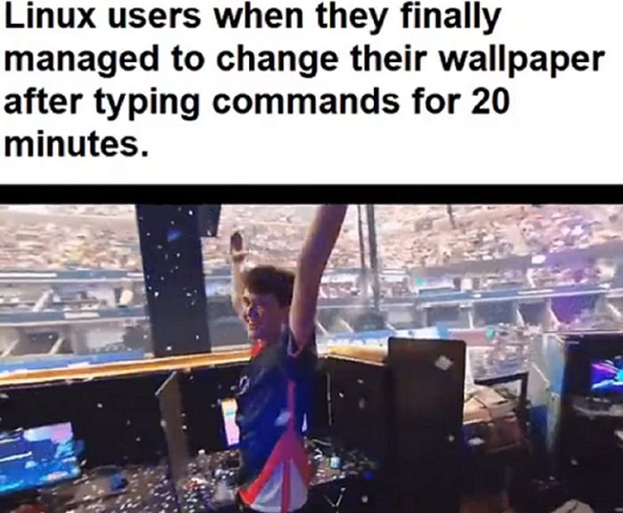 funny gaming memes - fun - Linux users when they finally managed to change their wallpaper after typing commands for 20 minutes.