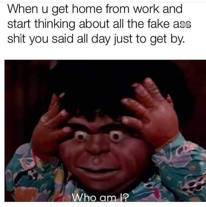 funny memes and pics - photo caption - When u get home from work and start thinking about all the fake ass shit you said all day just to get by. Who am I? Oduckyremington