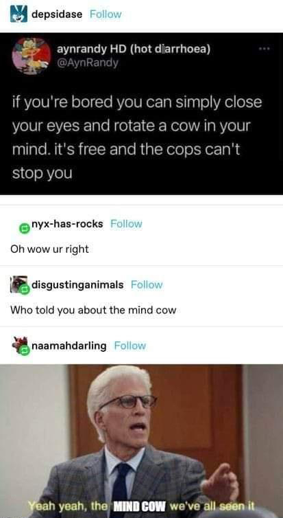 funny memes and pics - mind cow meme - depsidase aynrandy Hd hot diarrhoea if you're bored you can simply close your eyes and rotate a cow in your mind. it's free and the cops can't stop you nyxhasrocks Oh wow ur right disgustinganimals Who told you about