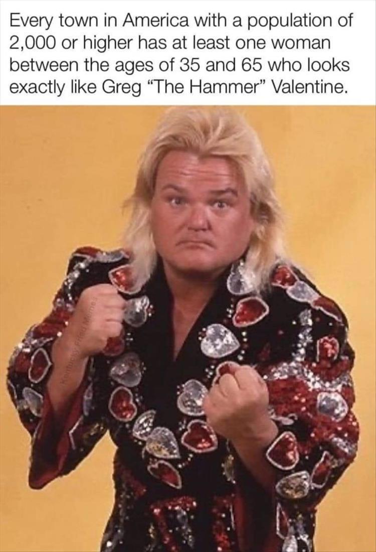 funny memes and pics - wwe greg the hammer valentine - Every town in America with a population of 2,000 or higher has at least one woman between the ages of 35 and 65 who looks exactly Greg "The Hammer" Valentine.