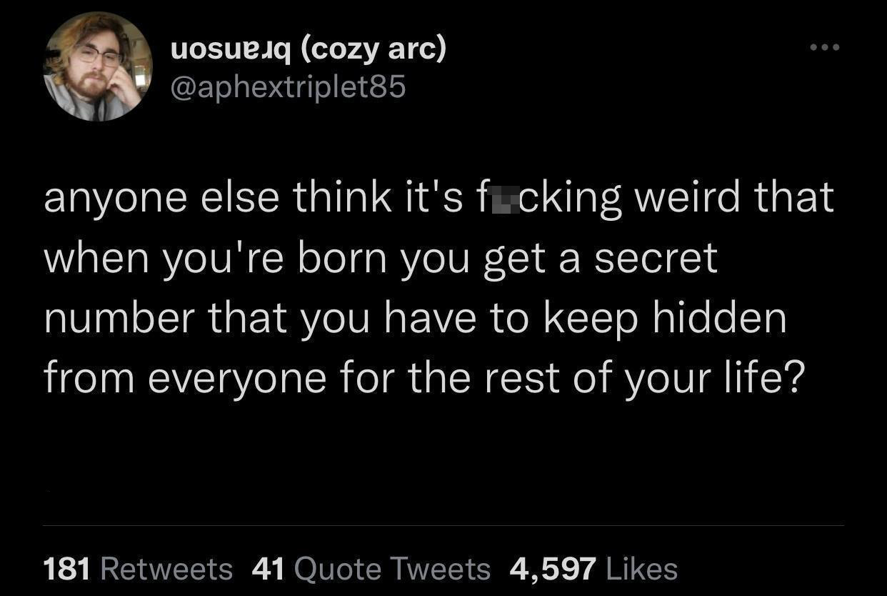 funny tweets and memes - would classic literature do without the attic - uose cozy arc anyone else think it's fucking weird that when you're born you get a secret number that you have to keep hidden from everyone for the rest of your life? 181 41 Quote Tw