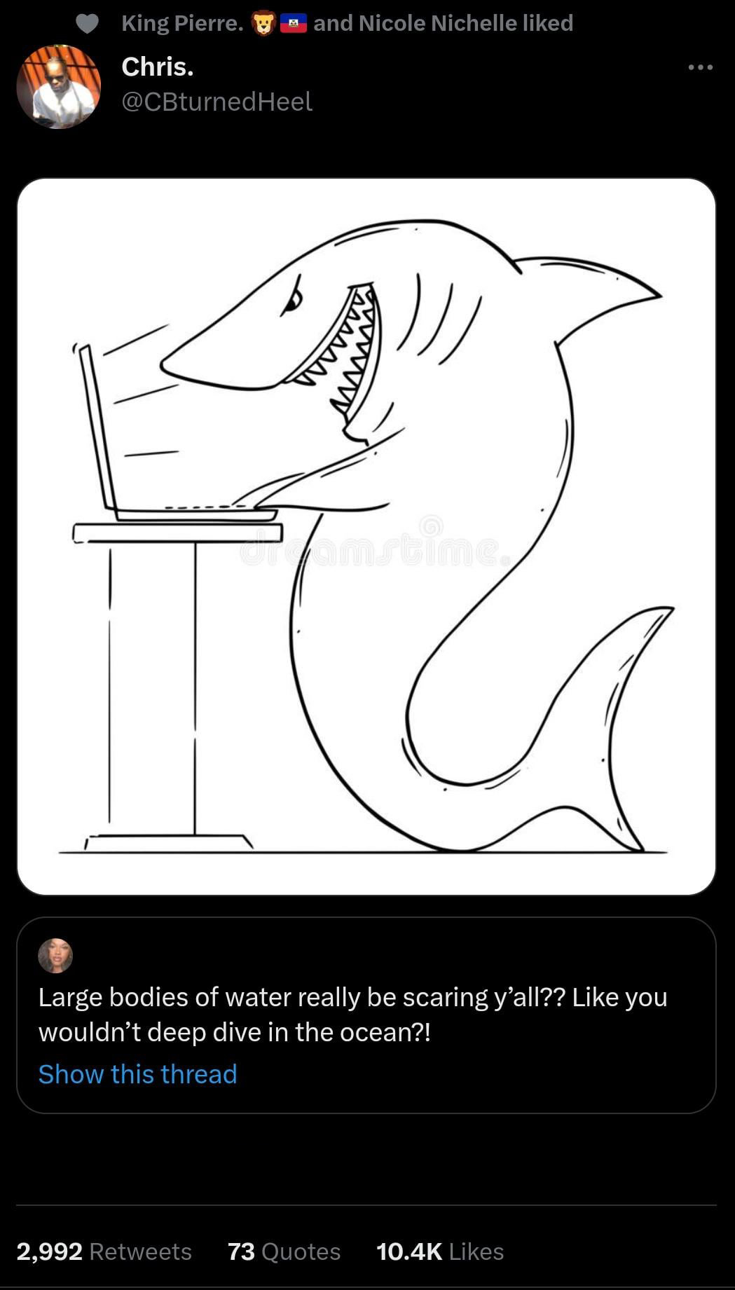 funny tweets and memes - cartoon - King Pierre. Chris. Heel and Nicole Nichelle d www Samstime Large bodies of water really be scaring y'all?? you wouldn't deep dive in the ocean?! Show this thread 2,992 73 Quotes ...