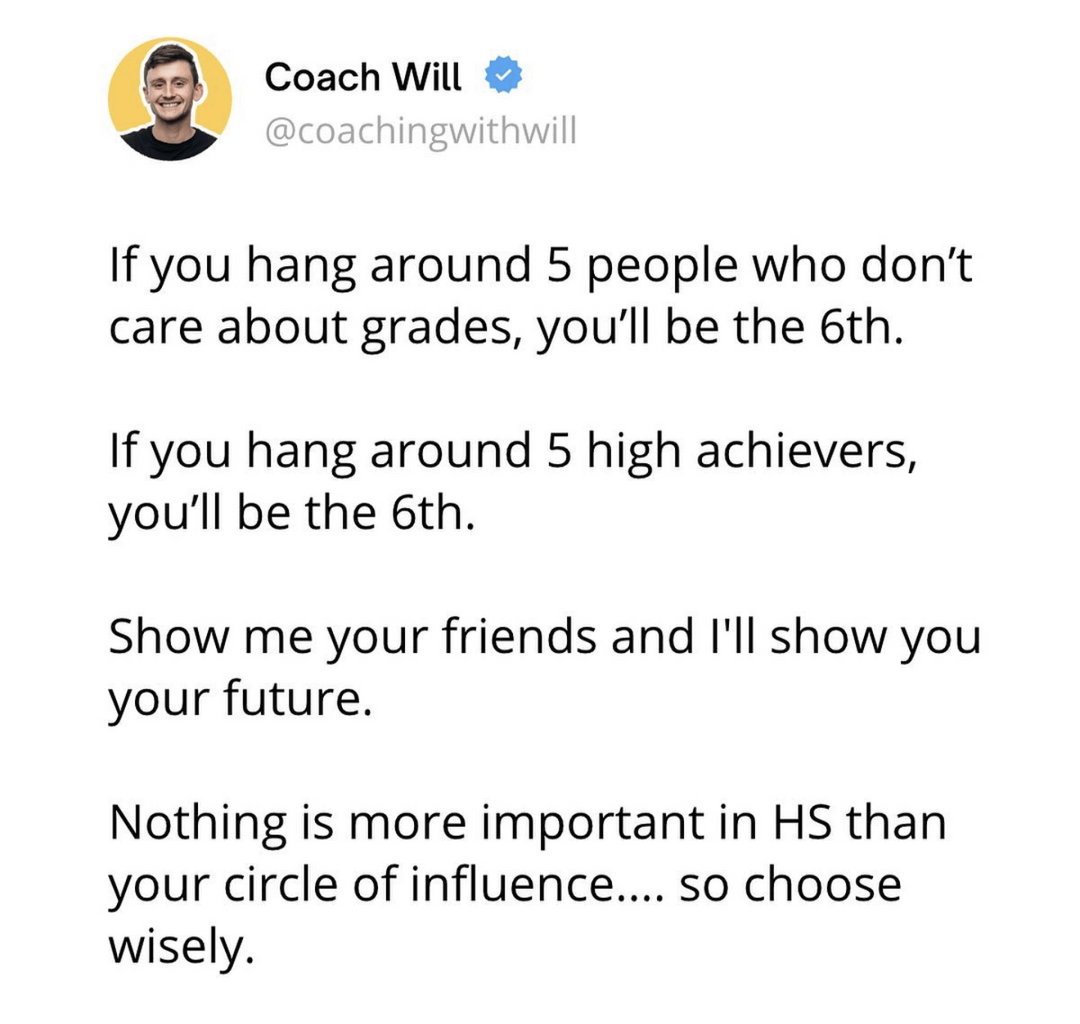funny tweets and memes - Photograph - Coach Will If you hang around 5 people who don't care about grades, you'll be the 6th. If you hang around 5 high achievers, you'll be the 6th. Show me your friends and I'll show you your future. Nothing is more import