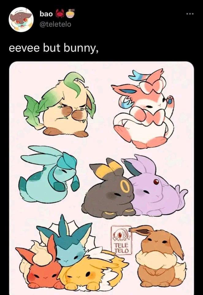 gaming memes - eevee evolutions as bunnies - bao eevee but bunny, Tele Telo