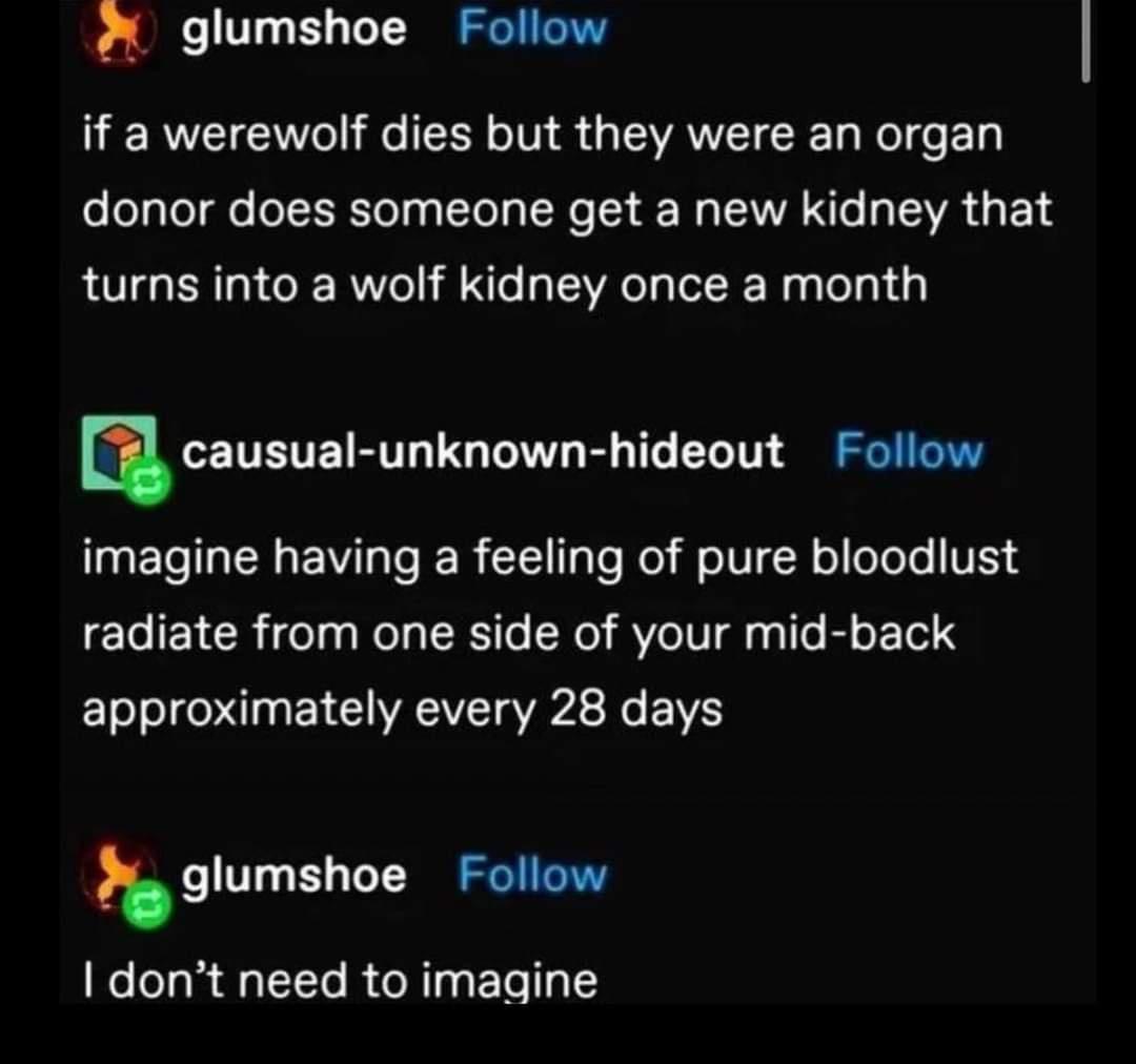 fresh memes -  atmosphere - glumshoe if a werewolf dies but they were an organ donor does someone get a new kidney that turns into a wolf kidney once a month causualunknownhideout imagine having a feeling of pure bloodlust radiate from one side of your mi