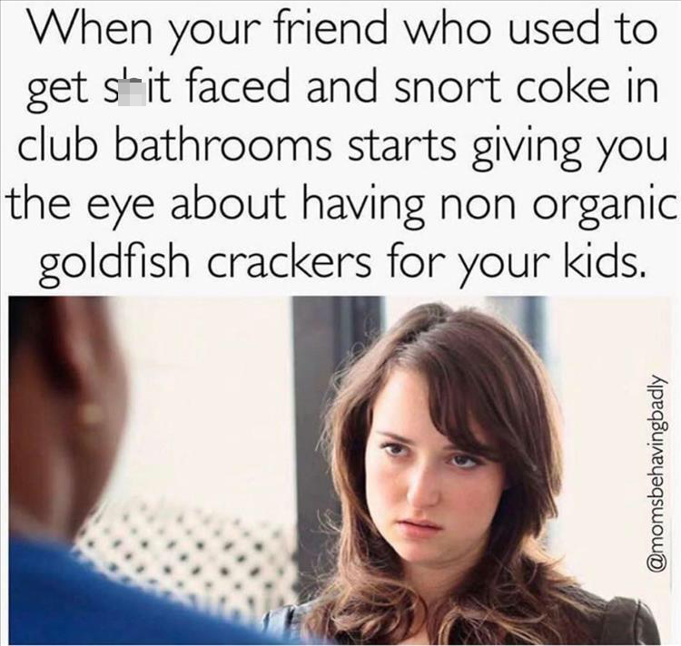 fresh memes -  photo caption - When your friend who used to get shit faced and snort coke in club bathrooms starts giving you the eye about having non organic goldfish crackers for your kids.