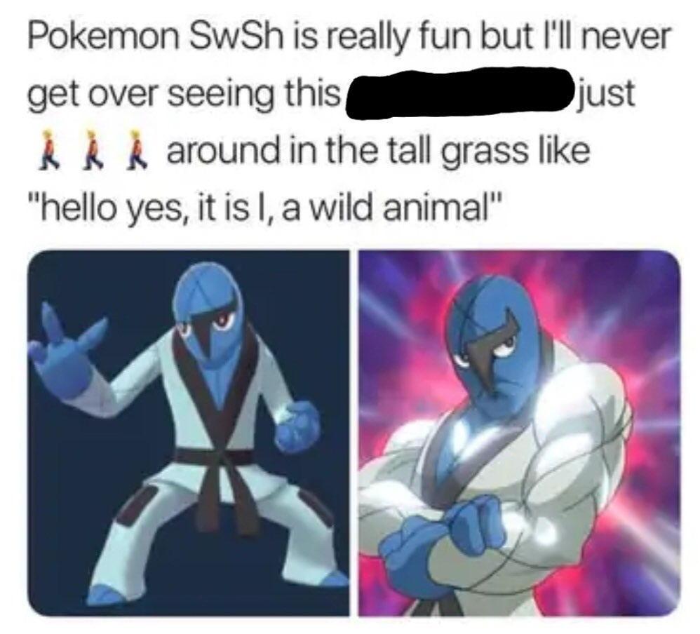 fresh memes -  cartoon - Pokemon SwSh is really fun but I'll never get over seeing this just around in the tall grass "hello yes, it is I, a wild animal"