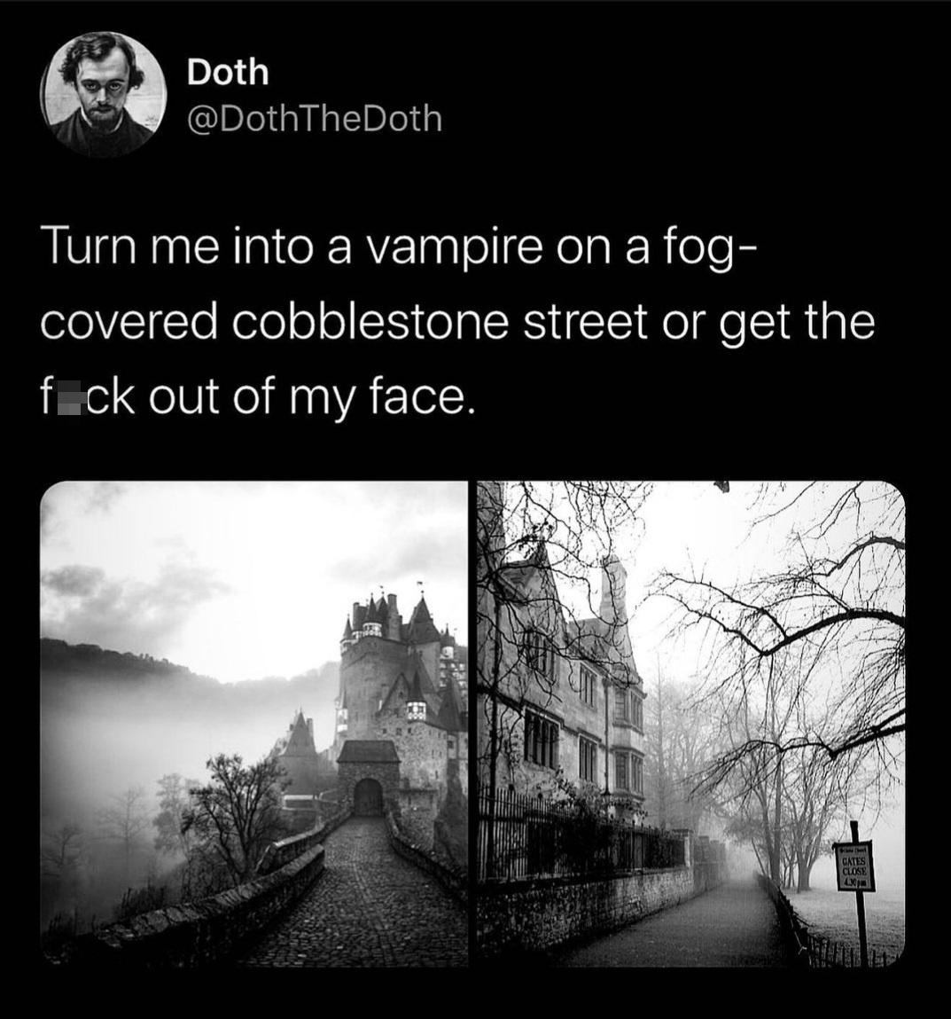 funny tweets and memes - monochrome photography - Doth Turn me into a vampire on a fog covered cobblestone street or get the fck out of my face. P Gates Close 4.30pm