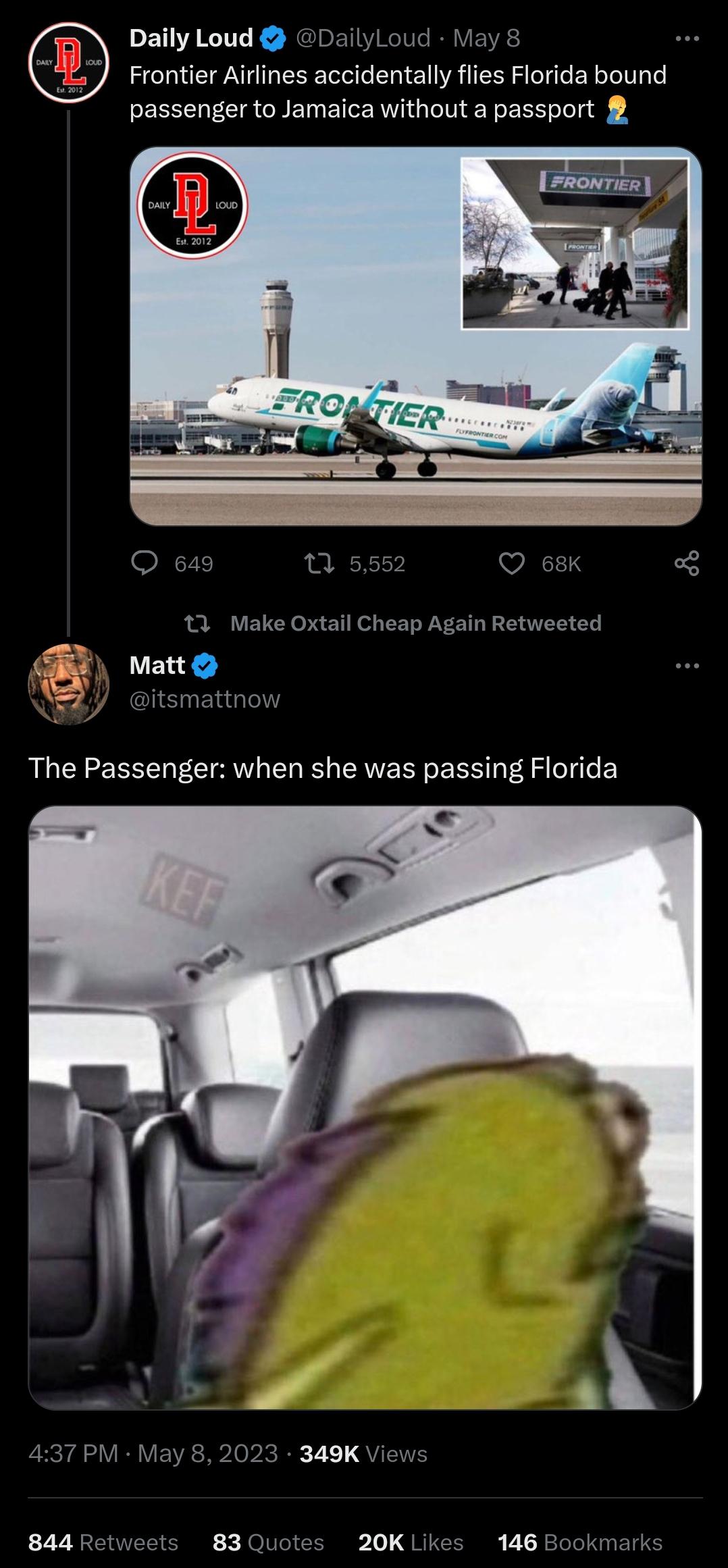 funny tweets and memes - screenshot - Daily Hsd Est. 2012 Loud Daily Loud May 8 Frontier Airlines accidentally flies Florida bound passenger to Jamaica without a passport D Daily Est. 2012 649 Matt Loud Frontier 5,552 Kef Flyfrontier.Com Frontier Make Oxt
